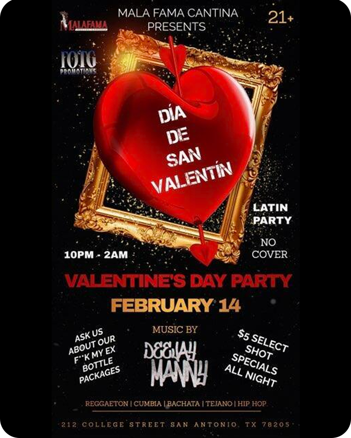 Día de San Valentín: Valentine’s Latin Party at Mala Fama Cantina